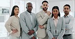 Face, business people and legal team in a workplace, management and leadership with confidence. Portrait, men and women in an office, lawyers and professionals with career, corporate and partnership