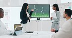 Business woman, presentation and wind turbine for eco friendly, sustainability and renewable energy meeting. Engineering manager and people with windmill model, design and screen of agriculture farm
