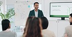 Businessman, presentation and audience applause in thank you, meeting or conference at office. Asian man or mentor talking to employee group or business people clapping in staff training at workshop