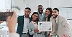 Picture, award and teamwork with business people in office for winner, support or photographer. Certificate, thank you and achievement with employees in engineering firm for partnership or well done