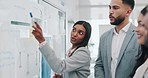 Business woman, coaching and presentation in team brainstorming, strategy or schedule planning at office. Female person or mentor talking to group in staff training, project plan or task at workplace