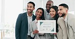 Business people, woman and certificate in office, presentation or teamwork for performance, goal or success. African CEO, happy employee group and diploma for achievement, thanks or award at workshop