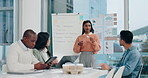 Presentation, planning and business woman talking in a meeting for company development or growth strategy. Communication, information and employees in training with manager as teamwork for ideas