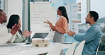 Presentation, success and business people applause for achievement by woman talking company strategy in a meeting. Clapping, goal and employees planning with manager as teamwork for target or goal