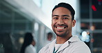 Asian man, face and doctor with smile for healthcare services, surgery or help in hospital at night. Portrait of happy surgeon, expert therapist and medical employee working late with trust in clinic