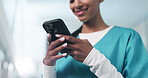 Woman, nurse and phone in hospital for telehealth support, help and consulting of healthcare information, research and trust. Happy, mobile technology and doctor hands on medical wellness website