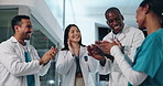 Applause, nurses and doctors in celebration together for success, achievement or promotion in hospital. Support, cheers and group of excited medical staff clapping with high five for team building.