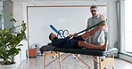 Physiotherapy, training and man stretching legs with a resistance band, equipment or healing exercise with therapist. Physical, rehabilitation and physiotherapist helping patient with muscle pain