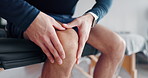 Knee pain, injury and hands with massage, physical therapy and health for muscle tension and chiropractic. Healthcare, wellness and person has fibromyalgia with physio and rehabilitation at clinic