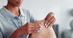 Knee pain, massage or physiotherapist in physiotherapy to relax the body or legs for injury healing. Hands, closeup or chiropractor consulting to help care for an injured client in rehabilitation