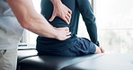 Chiropractor, hands and and patient with back pain in rehabilitation, physical therapy or person massage stress in muscle. Physiotherapist, healing or helping man in physio, health or care for injury