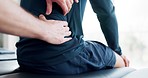 Chiropractor, hands and and patient with back pain in physical therapy, rehabilitation or person massage stress in muscle. Physiotherapist, healing or helping man in physio, health or care for injury