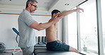 Shoulder injury, test or man in physiotherapy to relax body for healing arm pain in rehabilitation. Physical therapy, stretching or mature physiotherapist consulting an injured athlete client to help