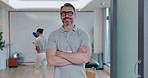 Rehabilitation, physiotherapy and face of man with crossed arms for wellness, reflexology and physical therapy. Healthcare, professional portrait and chiropractor for medical service, care and health