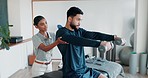 Physiotherapist, support and dumbbells for patient in sports clinic for muscle training, physical therapy and consulting help. Man, athlete and woman in physiotherapy for rehabilitation with weights