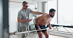 Personal trainer, technology or man with barbell in physiotherapy, exercise or body rehabilitation. Coach, athlete or physiotherapist in sports clinic for fitness training test or lifting weights 