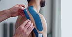 Physiotherapy, shoulder bandage and man hands with patient and sport massage therapist at clinic. Healthcare, support and chiropractor with exercise and fitness rehabilitation in a consultation