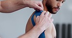 Physiotherapy, shoulder plaster and man patient with sport massage therapist at clinic. Healthcare, workout support and chiropractor with exercise and fitness rehabilitation in a consultation