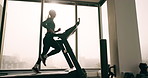 Gym, healthy or woman running on treadmill machine in agility training, exercise or cardio workout. Active runner, challenge or girl athlete with fitness for health, speed development or wellness