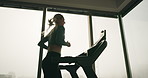 Gym, window or person running on treadmill machine in agility training, exercise or cardio workout. Healthy runner, challenge or girl athlete with fitness for endurance, speed development or wellness