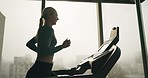 Gym, window or woman running on treadmill machine in agility training, exercise or cardio workout. Active runner, challenge or girl athlete with fitness for health, speed development or wellness