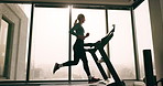 Woman, running on treadmill and fitness in gym with cardio and challenge, speed and wellness with health. Exercise, training and runner on workout machine, endurance and active, athlete and sports
