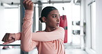 Woman, stretching in gym and fitness with breathing, endurance and health with wellness during training. Indian athlete, sport and warm up, prepare muscle for exercise with workout and flexibility