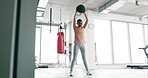 Fitness, throw or woman with medicine ball in workout, bodybuilding development in gym. Exercise, challenge or strong female sports athlete doing bodybuilder training for power, health or wellness