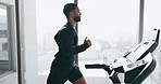 Man, running on treadmill and fitness in gym with cardio and challenge, speed and wellness with health. Exercise, training and runner on workout machine with endurance and active, athlete and sports