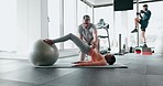 Coach, exercise ball and woman training for health, wellness and fitness with advice from professional. Gym, performance and athlete with personal trainer for workout progress, support and motivation