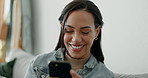 Woman, smile and typing on smartphone in home, reading social media joke and chat notification of multimedia connection. Cellphone, laugh and search funny meme, download digital app and mobile games