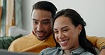 Happy couple, laptop and laugh in home for love, watch comedy movies and streaming digital multimedia. Man, woman and funny joke on computer, social media subscription and online meme in living room