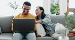 Couple, laptop and laugh on sofa in home for love, watch movies and streaming multimedia. Happy man, woman and talk about funny meme on computer, social media post and online shopping in living room