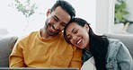 Happy couple, laptop and relax in home for love, watch comedy movies or scroll website for online shopping. Man, woman and laugh for funny joke on computer, social media subscription and meme on sofa