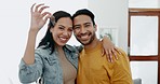 Love, keys and smile with couple in new house for moving, real estate and investment. Property, excited and future with portrait of man and woman at home for opportunity, success or marriage together