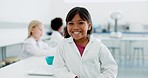 Science, girl and smile with happy face and learning at school and education class for development. Lab, research and portrait of a young student with experiment for medical knowledge and chemistry