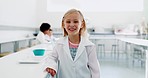 Science, girl and happy with face and lab learning at school and education class for development. Research and portrait of a young student with a smile ready for medical knowledge and chemistry