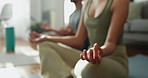Hands, meditation and couple, yoga with lotus pose and zen, people at home with breathing and fitness in lounge. Wellness, health and peace, namaste and calm with exercise, spiritual and bonding