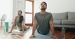 Lounge, meditation and couple with exercise, yoga and training with peace, breathing and workout. Home, man and woman with fitness, relax and zen with mental health, wellness and chakra balance