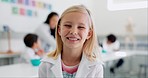 Science study, child and happy with face and learning at school and education class for development. Lab, research and portrait of a young student with a smile ready for knowledge and chemistry