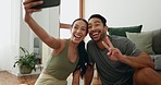 Happy couple, selfie or peace at house living room with a smile, love or care for healthy relationship. Vlogging, man and woman together in home for profile picture, memory or photo on social media