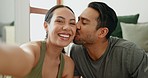 Couple, selfie and kiss on floor, smile and home living room for memory, bonding and post on web blog. Woman, man and photography with face, profile picture and social network with romance in house