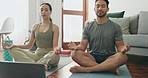 Laptop, yoga or couple in meditation in house living room for pilates training, exercise or breathing. Lotus, zen man and calm woman in workout to relax for mental health, fitness or chakra balance