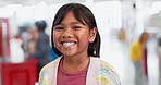 Face, education and a student girl at a science fair for learning, growth or child development. Portrait, smile and future with a happy young female kid at a school closeup for research or experiment