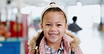 Face, education and a happy girl student at a science fair for learning, growth or child development. Portrait, smile and future with a young female kid at a school closeup for research or experiment