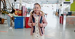 Face, kids and a student girl at a science fair for learning, growth or child development. Portrait, smile and future with a happy young female kid at a school closeup for education or research