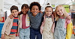 Education, diversity and children friends in a classroom together for learning, growth or development. Portrait, smile and happy student kids in back to school class for knowledge or academics