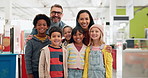Happy, face and teachers with children at a science fair for education, learning and fun together. Smile, portrait and kids or students with a man and woman from school on an excursion for knowledge