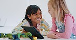 Girl, school kids and tablet in classroom for learning robotics, teamwork or smile for science at desk. Children, studying and education on touchscreen, app or electronics with thinking for elearning