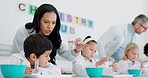 Education, chemistry and teacher with children in a class for an experiment, study or research. Knowledge, science and woman scientist working with kid students for chemical reaction in a school lab.